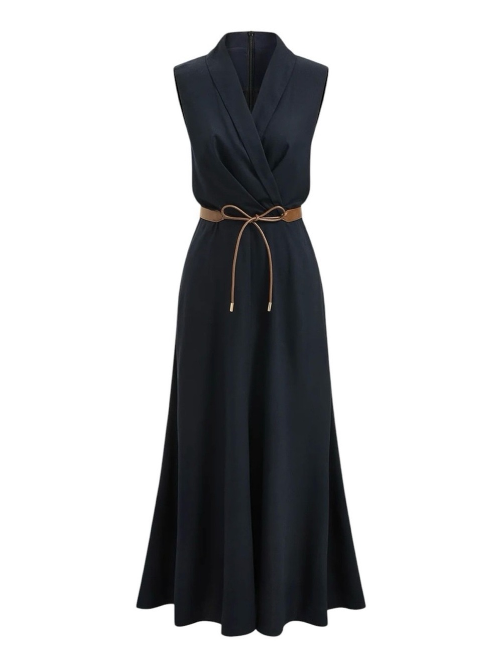 Commense Dark Navy Blue Belted Sleeveless Maxi Dress Large NWT Linen Blend